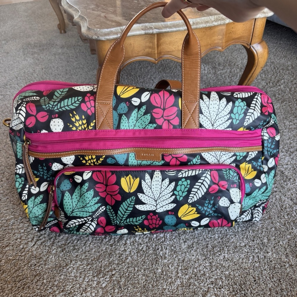 Fossil Eliza Weekender Duffle Bag Travel Carry-On Coated Canvas Succulent READ